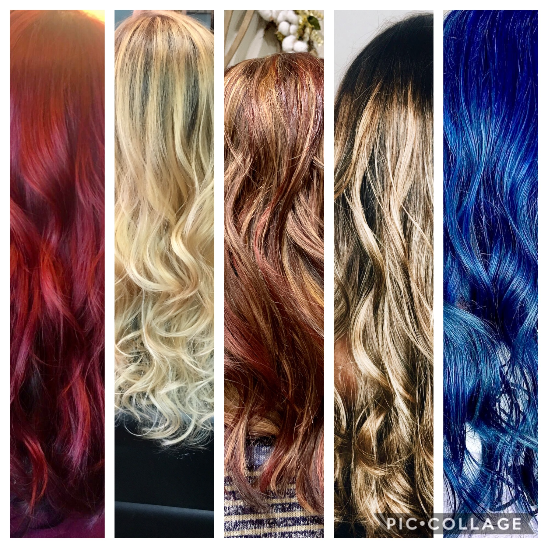 Collage of red, blonde, brunette and vivid blue hair color work